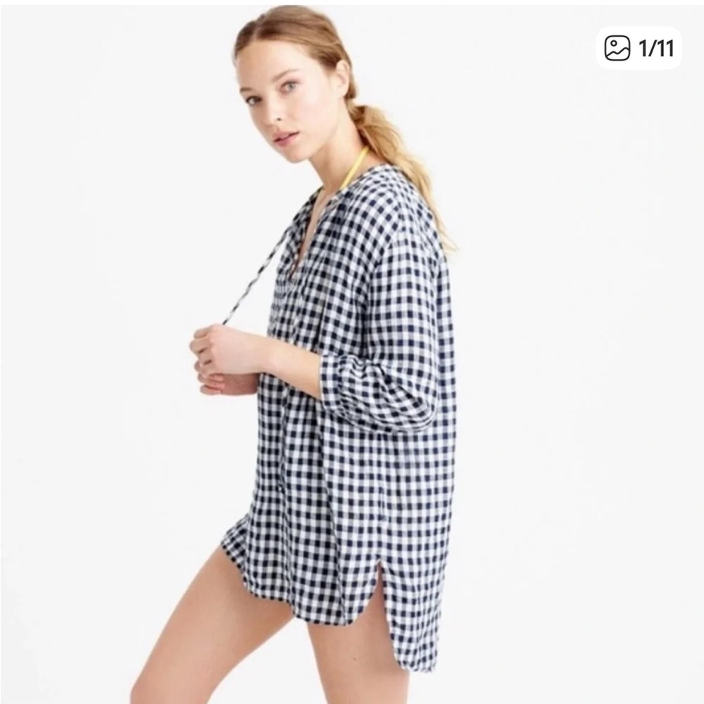 J. Crew Pure Linen Navy and White Gingham Tunic Top